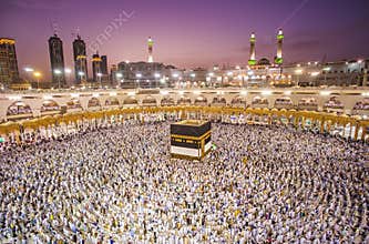 Muslim pilgrims from all around the world doing tawaf, in Masjidil Haram Mosque.