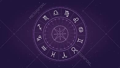 Astrology horoscope circle with zodiac signs vector background. Cosmos, space. Aquarius, libra, leo, taurus, cancer, pisces, virgo