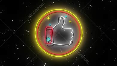 Animation of flickering neon digital thumbs up like icon in a glowing circle