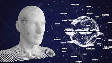 Animation of human bust made of grey particles and globe spinning data processing on blue background