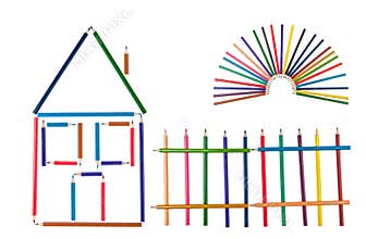 The house, fence and the sun from color pencils
