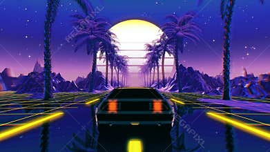 80s retro futuristic sci-fi seamless loop. VJ landscape with vintage car