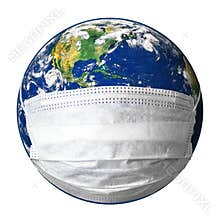 Earth in medical mask isolated on white background, concept of coronavirus in world, COVID-19 pandemic and safety