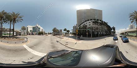 Driving arrive Miami Beach 5th Street traffic light 360vr footage