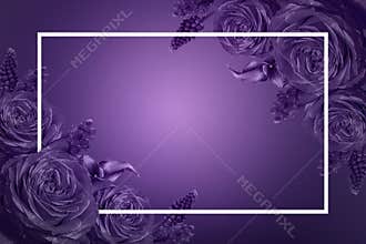 Assorted flowers frame on purple background with blank space for text