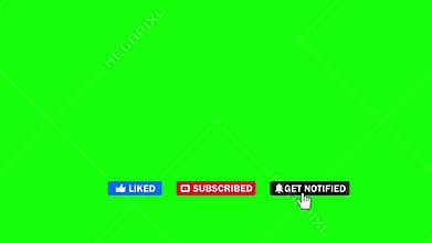 Editorial Footage: Animation of a Subscribe and Likes and Notification Button for Youtube. Green screen.