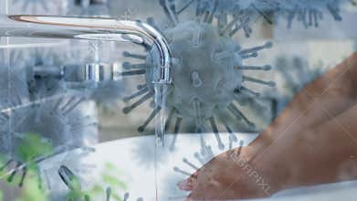 Animation of macro coronavirus Covid-19 cells spreading over mixed race man washing his hands