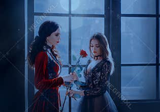 vampire woman gives red rose beauty blonde girl princess. backdrop fairy night