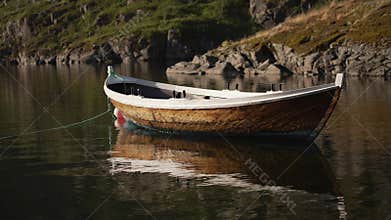 The serene landscape of a Norwegian fjord comes alive with the image of a wooden rowing boat gently swaying on a buoy