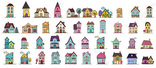 Cute tiny houses. Cartoon small town houses, minimalism city buildings, minimal suburban residential house vector
