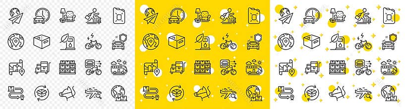 Outline Canister oil, Dog leash and Storage line icons. For web app. Vector