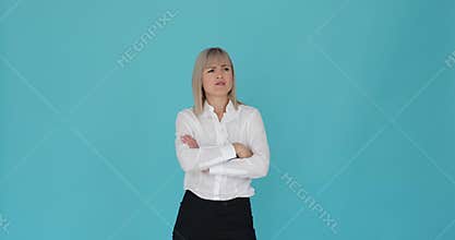 Unsmiling Woman Feeling Boredom on blue background