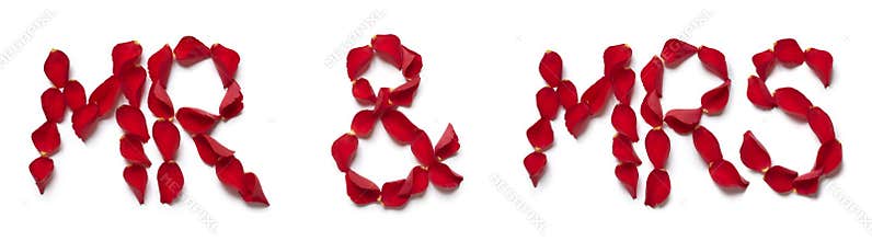 Red rose petals spelling mr and mrs