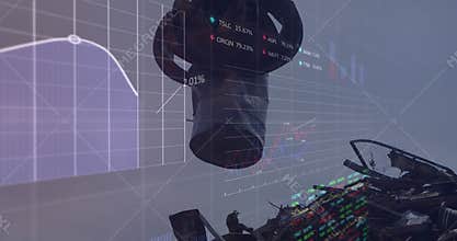 Animation of multiple graphs, trading boards, crane grabbing metal scrap and dumping it in junkyard