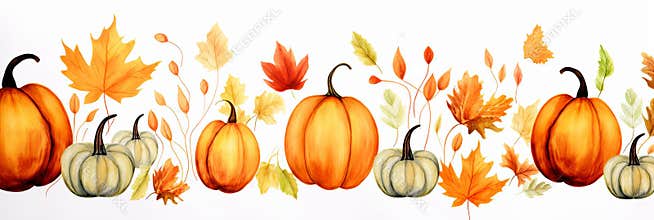 Fall watercolor border with pumpkins and fall leaves, generative AI