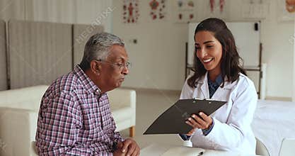 Young Latina female cardiologist in uniform talk to older patient