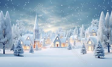Vintage Christmas village with snowy forest in the background.
