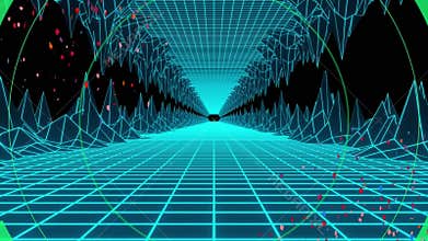 Animation of circles moving over diminishing grid landscape passing through grid mountains