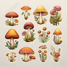 Autumn set, mushroom clip art, collection of design elements. Bundle of abstract fungus.