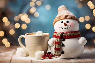 Christmas card with a cup of hot chocolate and a cute little snowman. Sweet marshmallows and spilled sugar on the table