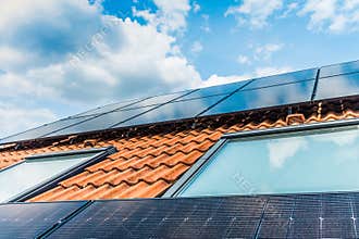 Photovoltaic panels on the roof of family house, solar panels
