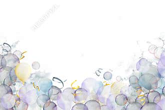 Watercolor illustration hand drawing. Cute frame cards with a cake, balloons, ribbons, soap bubbles and flags