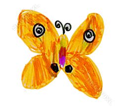 Cute orange butterfly drawn by hand in naive babys drawing style