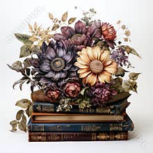Stacked Books Surrounded by Gothic Flowers Watercolor Clipart AI Generated