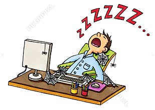 Cartoon of a man fallen asleep in front of the computer