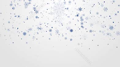 Artistic drawn blue flying falling snowflakes on a white background.
