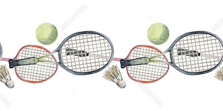 Hand drawn watercolor sports gear equipment, tennis and badminton racquet, ball shuttlecock, fitness. Illustration