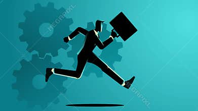 Businessman running with a briefcase while cogwheels form the backdrop