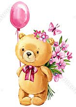 Set cute Teddy bears with balloons on isolated background. Watercolor hand drawn illustration clipart for kids birthday