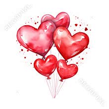 Watercolor red heart balloons. Clipart with heart-shaped balloons.