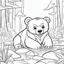 Coloring book for children: bear sitting on the rock in the forest