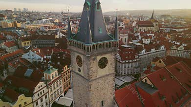 Orbital Flight Showcasing the Prague Chimes. Drone Shot of the Prague Astronomical Clock.