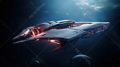 Futuristic spaceship flying in deep space.