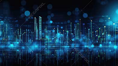 Illustration of a digital futuristic city skyline with tall buildings combined with charts of stock prices. Generative