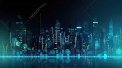 Illustration of a digital futuristic city skyline with tall buildings combined with charts of stock prices. Generative