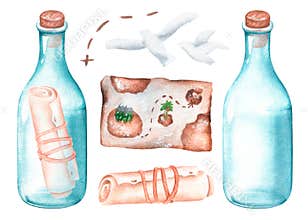 Pirate set letter in a bottle. Watercolor illustration. Isolated on a white background.