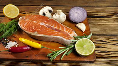 Salmon steak. Raw trout red fish steak with dill, garlic, rosemary, garlic, lemon, lime, tomatoes, salt and pepper on a