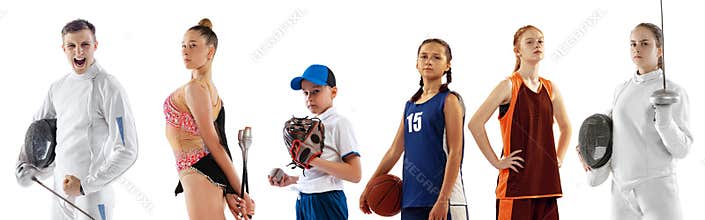Team of professional sportsmen in sports uniform over white background. Fencing, gymnastics, baseball and basketball
