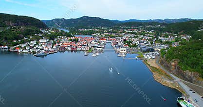 Flekkefjord Norway bay fjord and marina aerial image HDR HFR footage