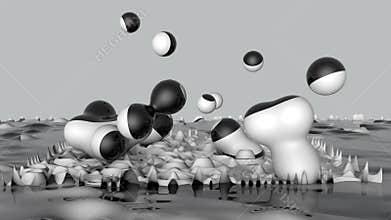 Abstraction, background. Black and white balls rise up