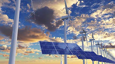 Innovative energy farm with spinning wind turbines and solar panels on blue sky