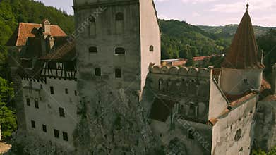 Aerial footage of Dracula\'s castle in the mountains