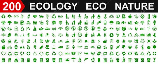 Set of 200 ecology icons. Eco green signs. Nature symbol â€“ vector