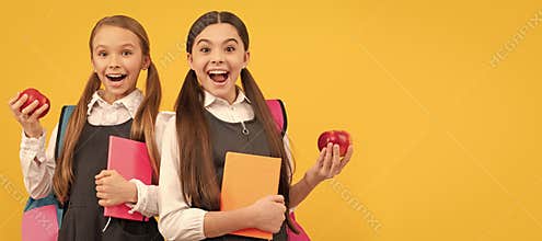 School girls friends. Happy kids in school uniforms hold books and apples for healthy eating school meal, snack. Banner