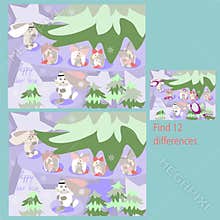 in a Fun New Year s rebus rabbits under the Christmas tree for children up to 8 years old, find 12 differences