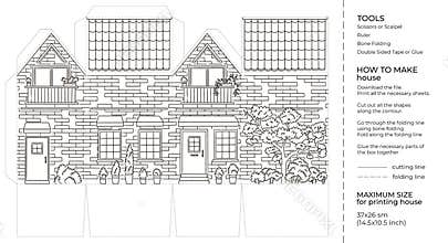 Kids craft paper house coloring page. Cut and glue cartoon 3D toy doll house. Printable template
